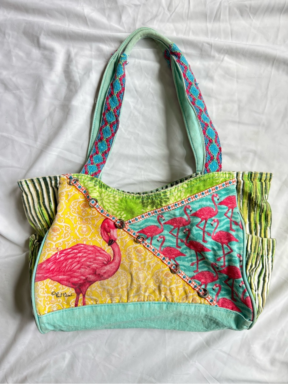 90s Paul Brent Florida Flamingo Patchwork Tote Bag